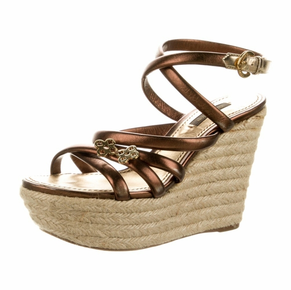 LOUIS VUITTON WEDGE SANDALS LV CLOVER DETAILS - Picture 1 of 11